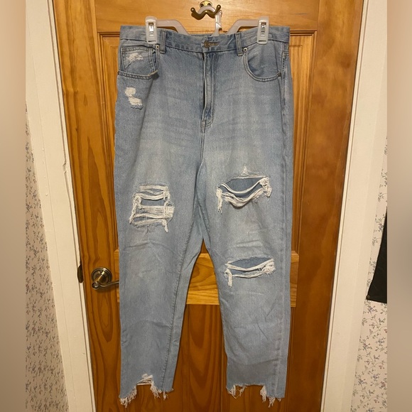 American Eagle Outfitters Denim - Size 14 American Eagle mom jeans with patched rips.